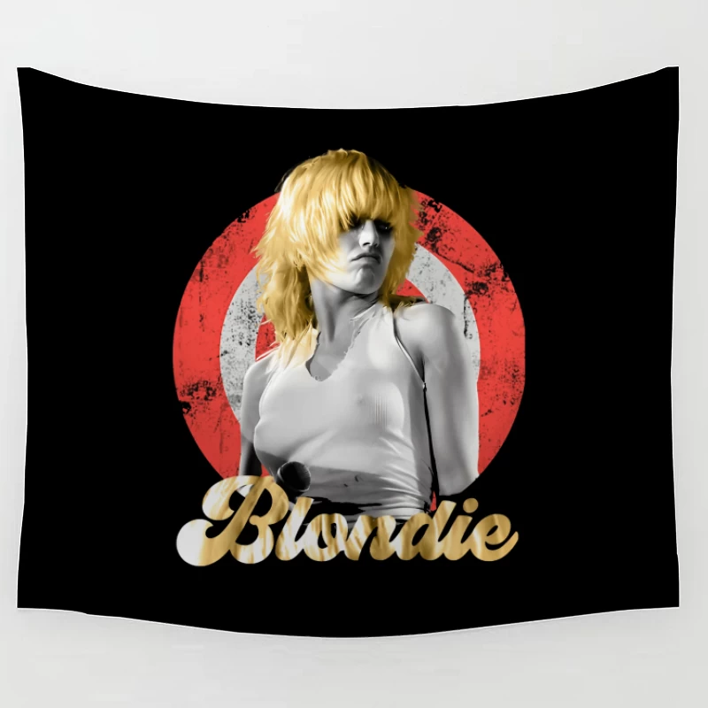 Stylized Music Portrait with Red Circle Backdrop Tapestry