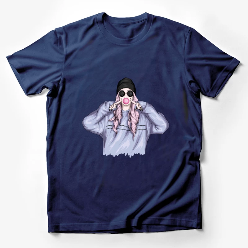 Playful Girl with Bubble Gum in Casual Outfit Male T-Shirt