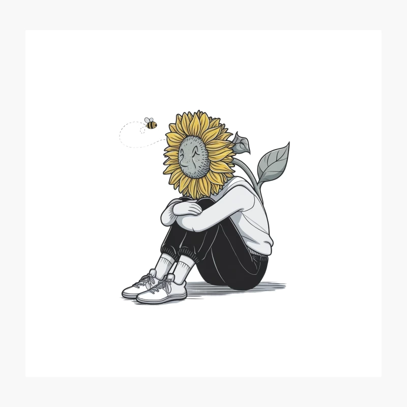 Surreal Sunflower-Headed Figure in Contemplative Pose Throw Pillow