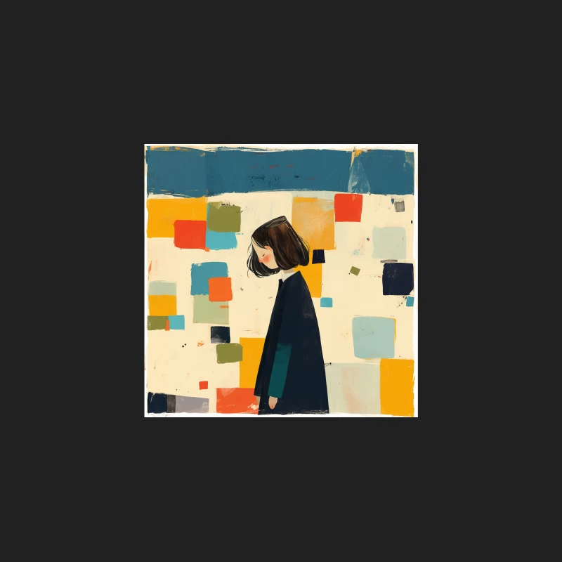 Minimalist Illustration of Figure in Black Coat Against Colorful Abstract Squares Bucket Hat