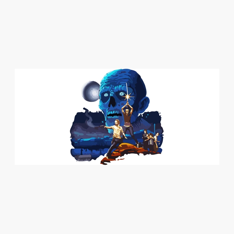 Thrilling Adventure: Characters Face Giant Blue Skull Coffee Mug