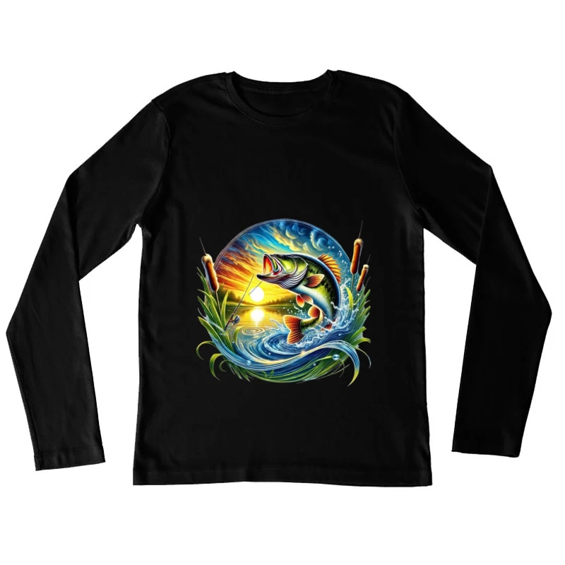 Beautiful Bass Fishing Artwork at Sunset Female Long Sleeve T-Shirt