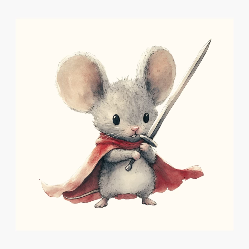Cute Warrior Mouse with Red Cape and Sword Watercolor Illustration Throw Pillow