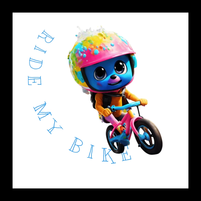 Cute Blue Animated Character Riding Colorful Bike with Safety Helmet Pin