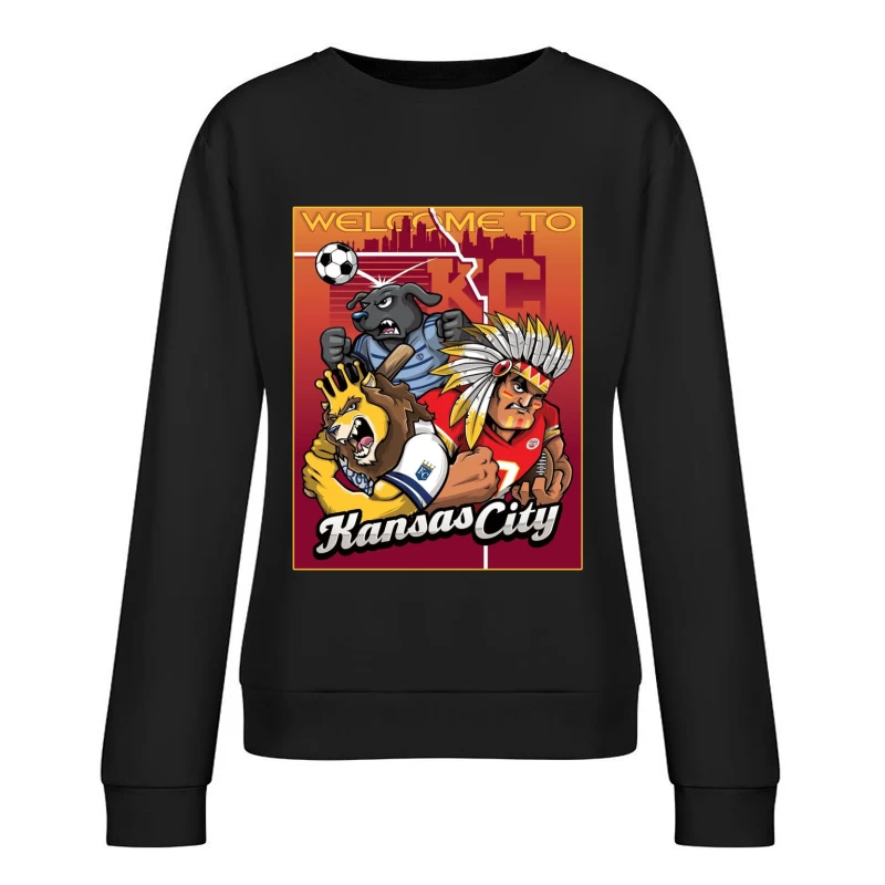 Kansas City Sports Mascots with City Skyline Illustration Female Pullover Sweatshirt