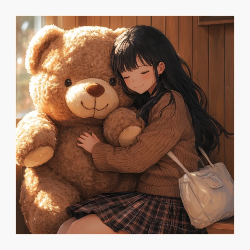 Cozy Embrace: Anime Girl Hugging Teddy Bear by Sunlit Window Pin