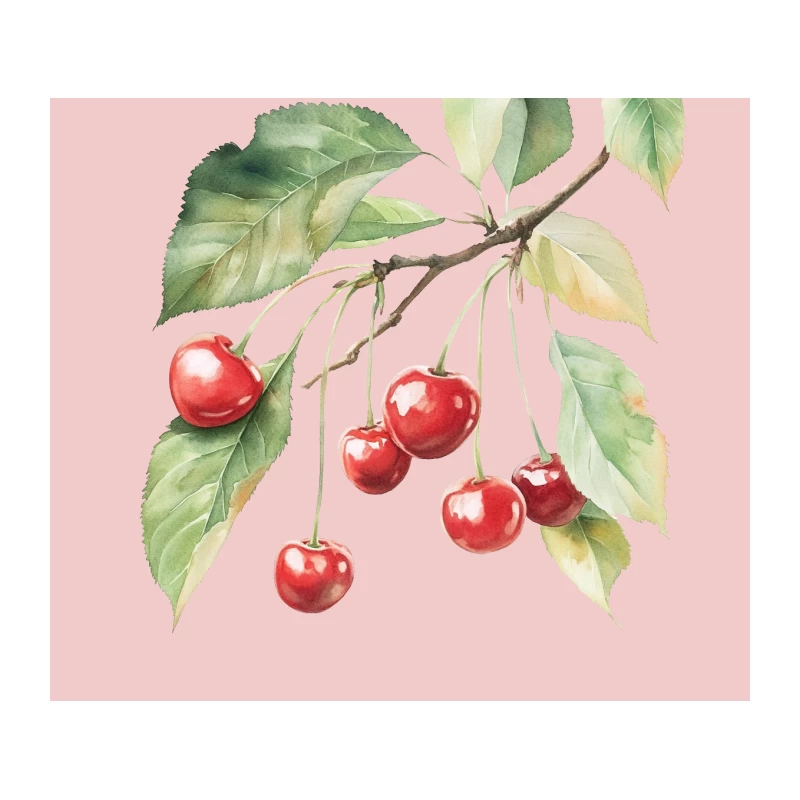 Watercolor Botanical Illustration of Cherry Branch with Ripe Fruit Tapestry