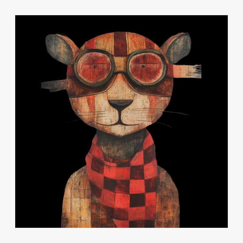 Whimsical Wooden Tiger with Aviator Goggles and Checkered Scarf Pin