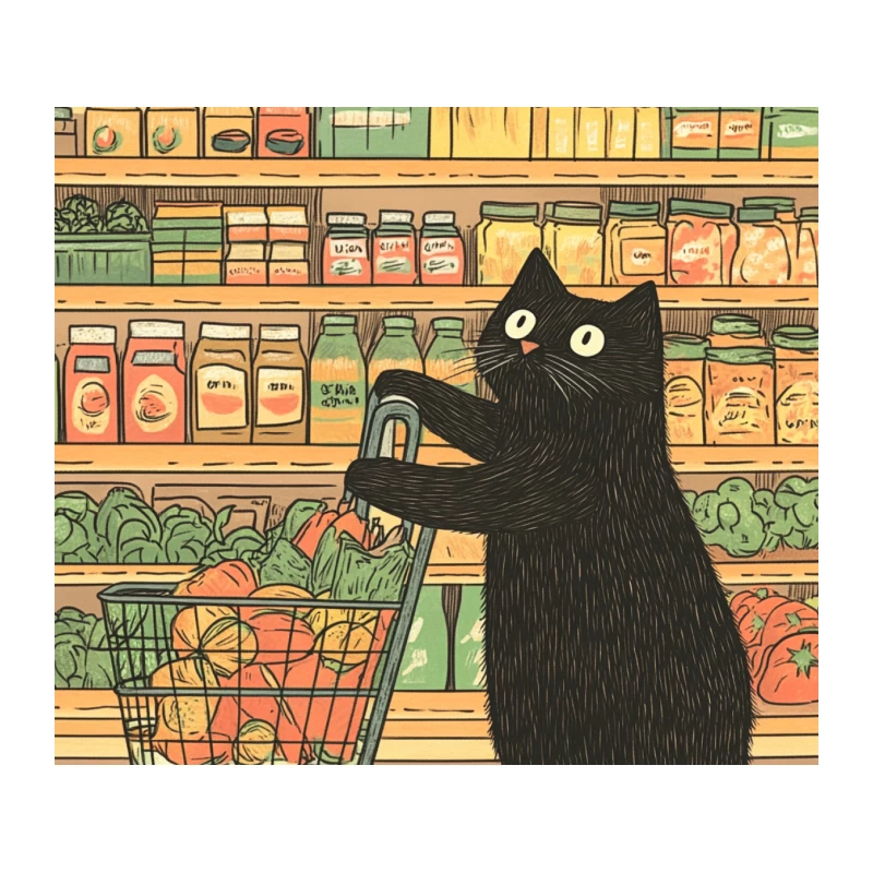 Curious Cat Goes Grocery Shopping in Whimsical Illustration Tapestry