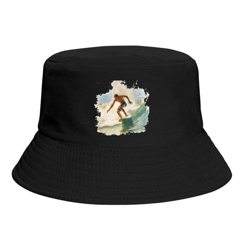 Dynamic Watercolor Surfer Riding Turquoise Wave Bucket Hat