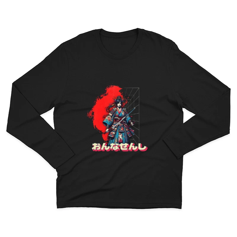 Warrior in Traditional Japanese Kimono with Katana Against Red Sun Male Long Sleeve T-Shirt