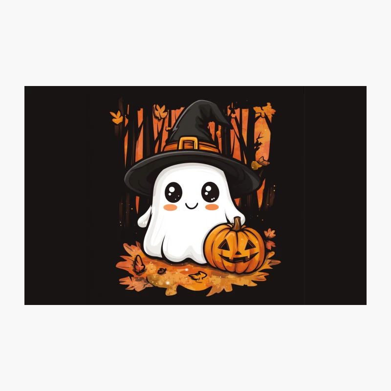 Cute Halloween Ghost with Pumpkin and Witch Hat in Autumn Scene Travel Mug