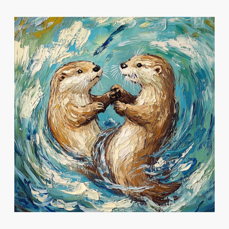 Playful Otters Swimming in Swirling Waters Art Painting Throw Pillow