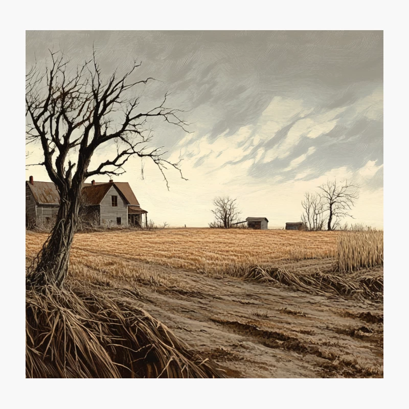 Desolate Rural Farmhouse in Autumn Wheat Field Throw Pillow