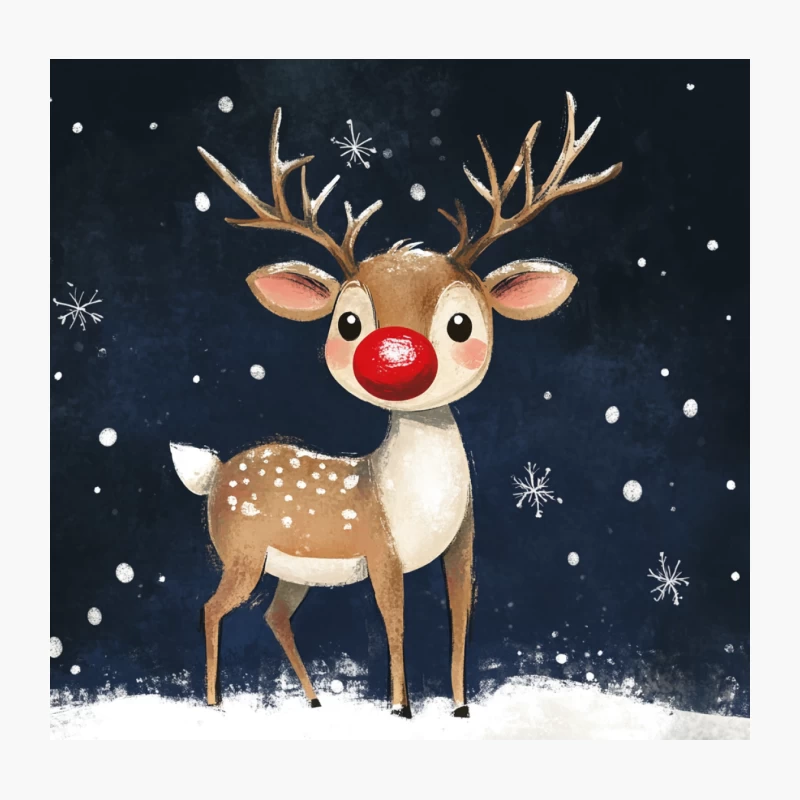 Cute Rudolph the Red-Nosed Reindeer in Snowy Night Throw Pillow