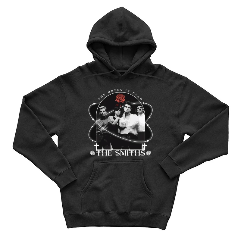 The Smiths - Vintage Black and White Band Portrait with Red Rose Male Pullover Hoodie