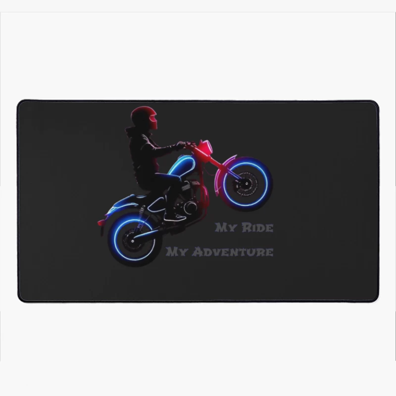 Neon-Lit Motorcycle Rider Silhouette with Adventure Quote Desk Mat