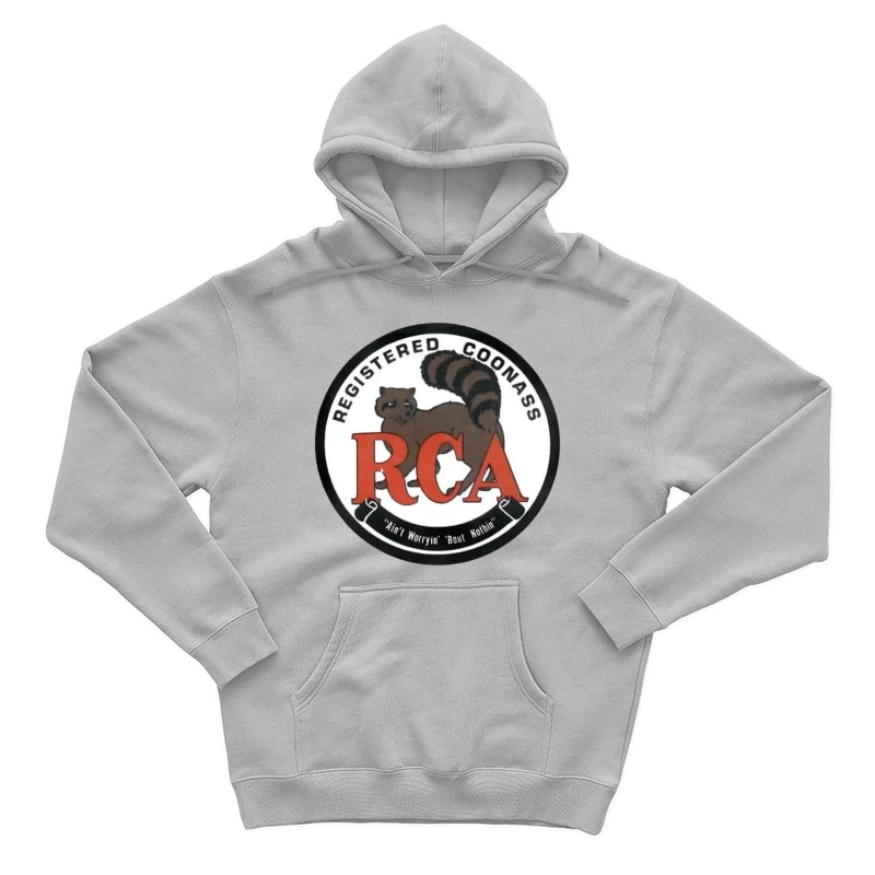 Registered Coonass RCA Logo with Raccoon Mascot and Humorous Slogan Male Pullover Hoodie