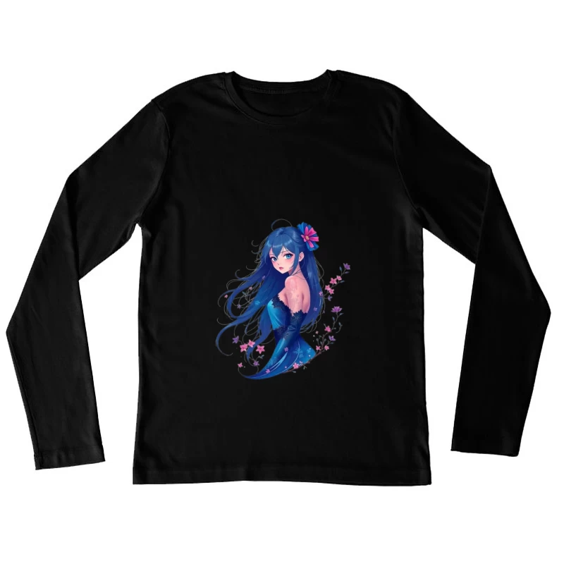 Elegant Anime Girl with Blue Hair and Floral Accents in Evening Dress Female Long Sleeve T-Shirt