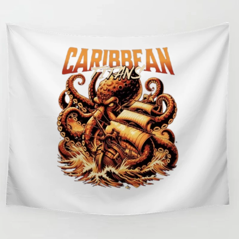 Giant Caribbean Octopus Attacking Sailing Ship Illustration Tapestry