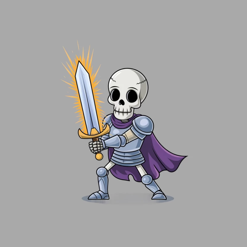 Cartoon Skeleton Warrior with Glowing Sword in Medieval Armor Male Pullover Hoodie