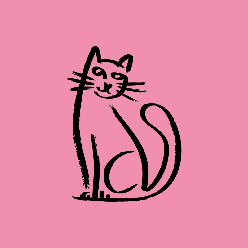 Simple Black and White Cartoon Cat Sketch Female T-Shirt