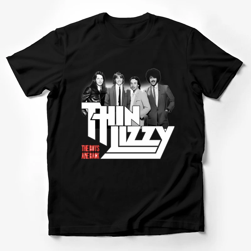 Thin Lizzy "The Boys Are Back" Album Cover - Classic Rock Band Portrait in Black and White Male T-Shirt