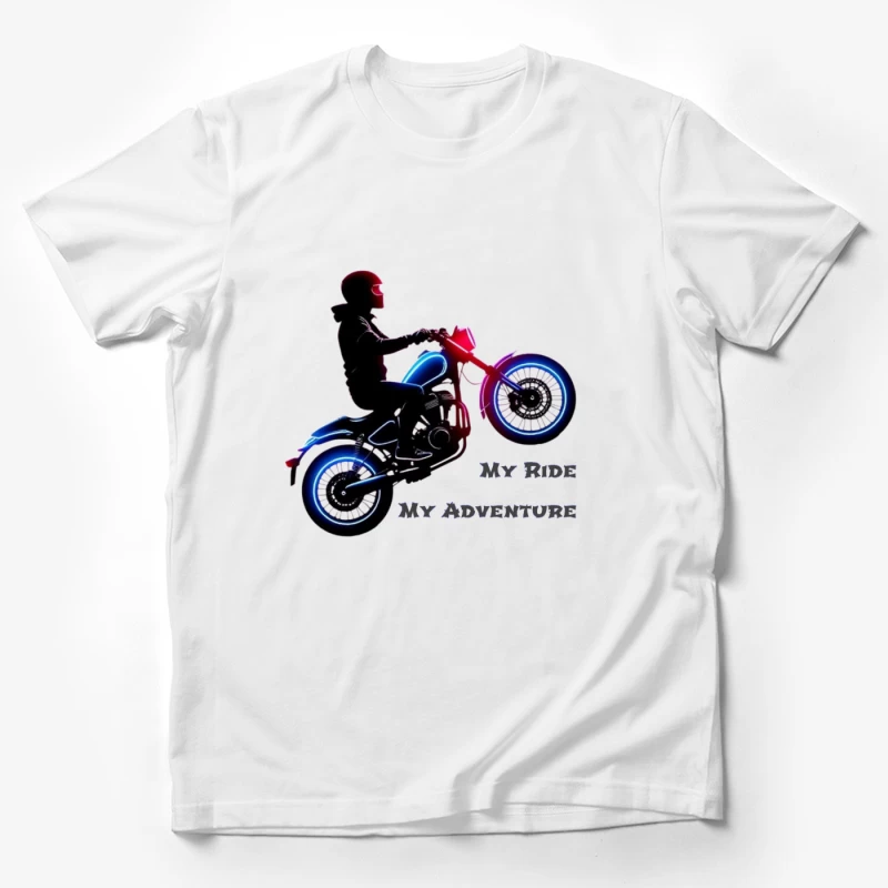 Neon-Lit Motorcycle Rider Silhouette with Adventure Quote Male T-Shirt