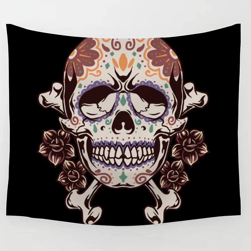 Decorative Skull with Crossbones and Floral Elements Tapestry