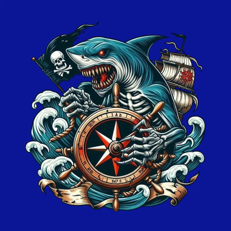 Pirate Shark with Compass and Ship Throw Pillow