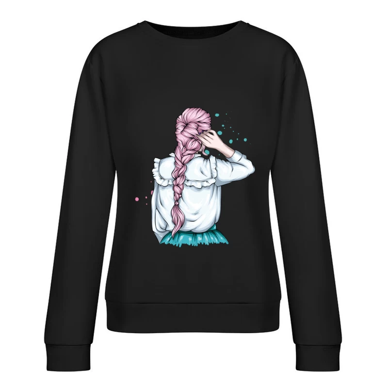 Whimsical Illustration of a Girl with Pink Hair in a Braid Female Pullover Sweatshirt