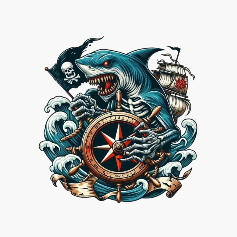 Pirate Shark with Compass and Ship Cotton Tote Bag