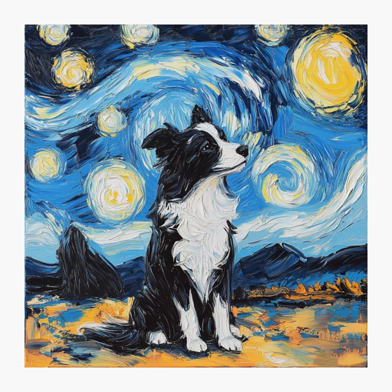 Border Collie in Starry Night: A Van Gogh-Inspired Painting Pin