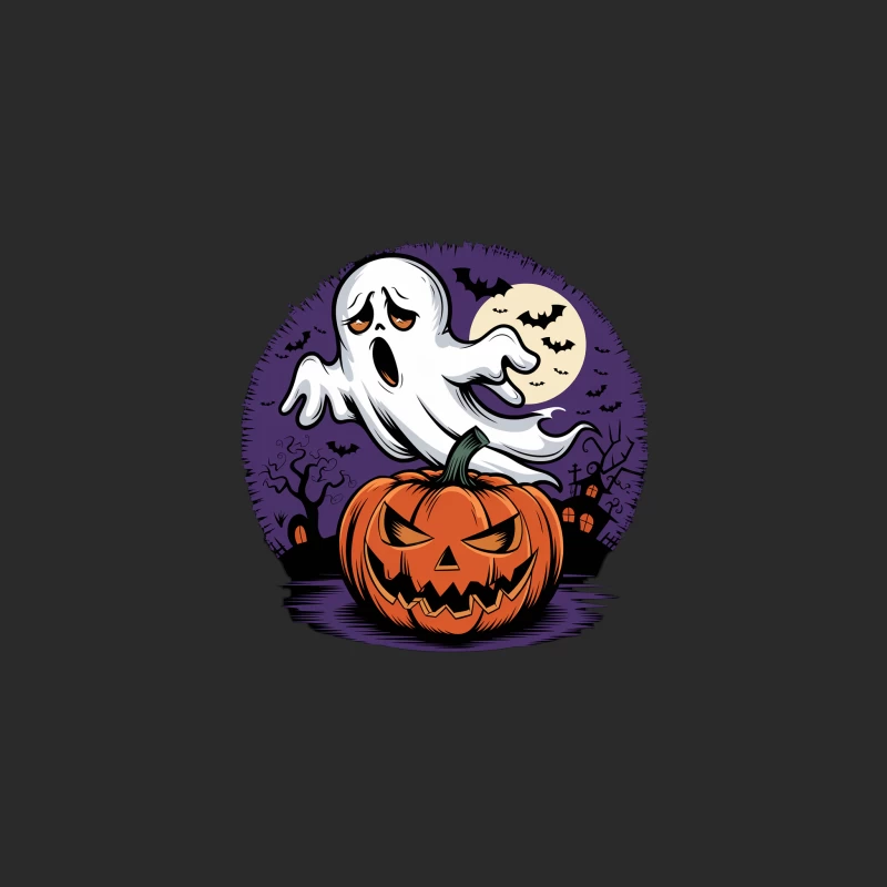 Spooky Halloween Night with Cartoon Ghost and Jack-o'-Lantern Baseball Cap