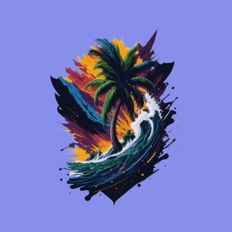 Tropical Sunset with Palm Tree and Ocean Waves Pin