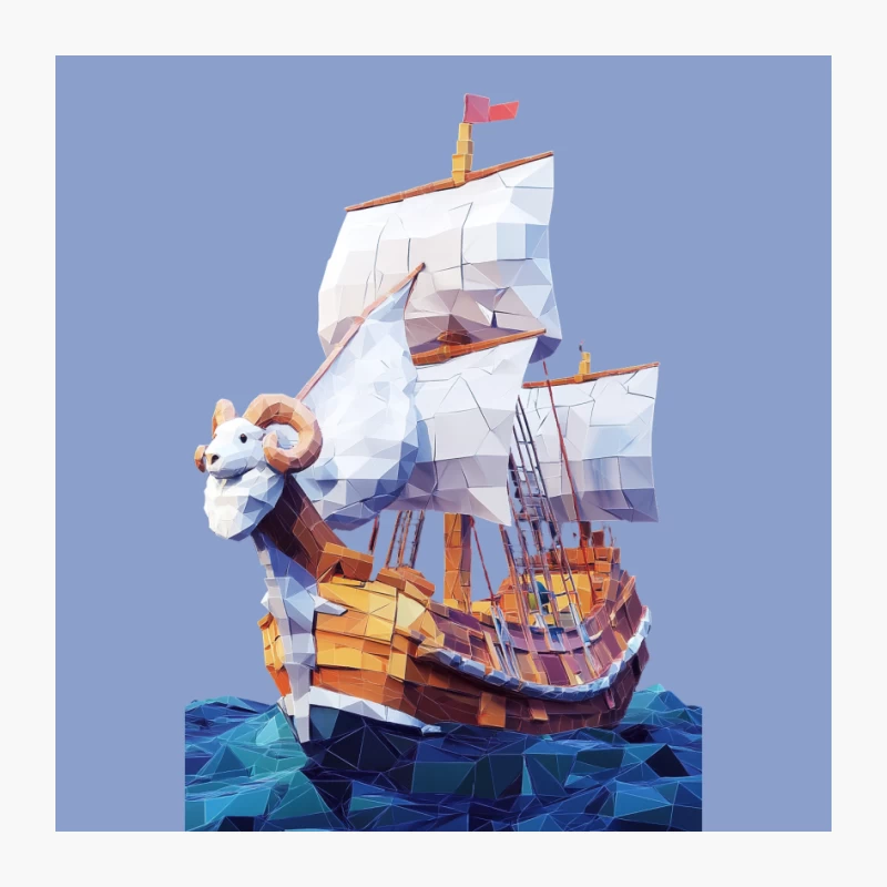 Geometric Low Poly Fantasy Ship with Ram Figurehead Sailing on Stylized Sea Pin