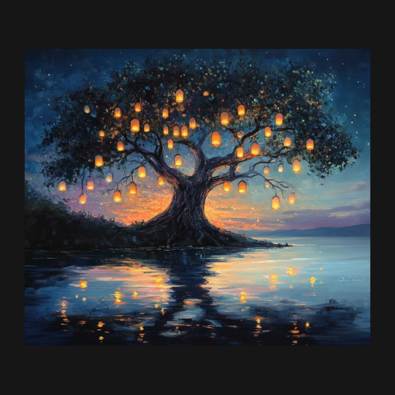 Magical Tree of Glowing Lanterns Reflected in Tranquil Waters Mouse Pad