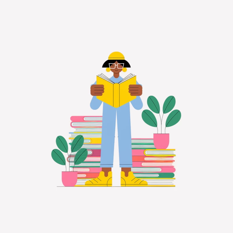 Illustrated Student Reading Among Books and Plants Female T-Shirt