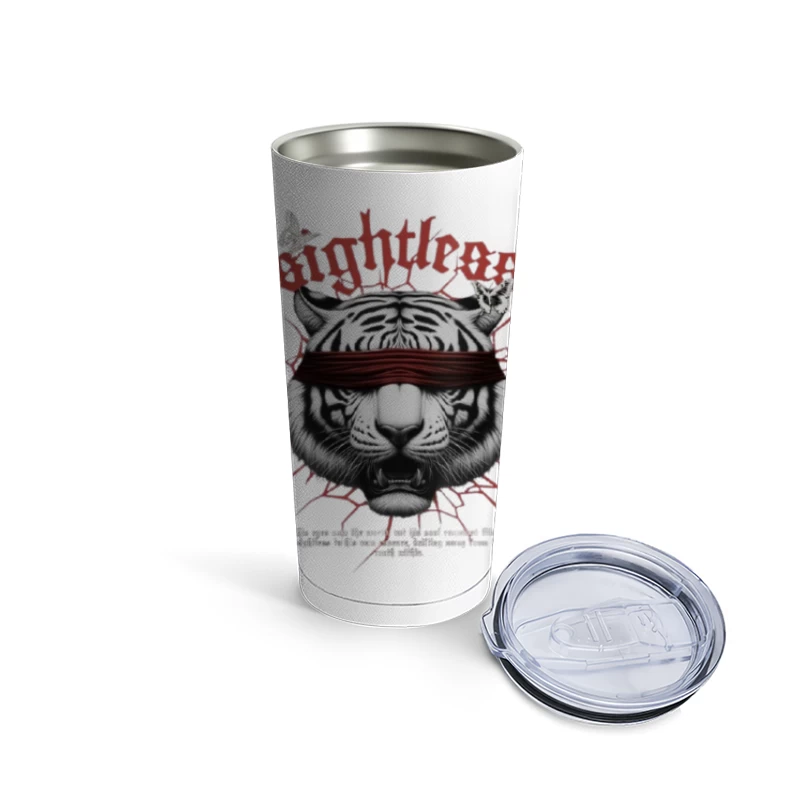 Blindfolded Tiger with Gothic Typography Travel Mug