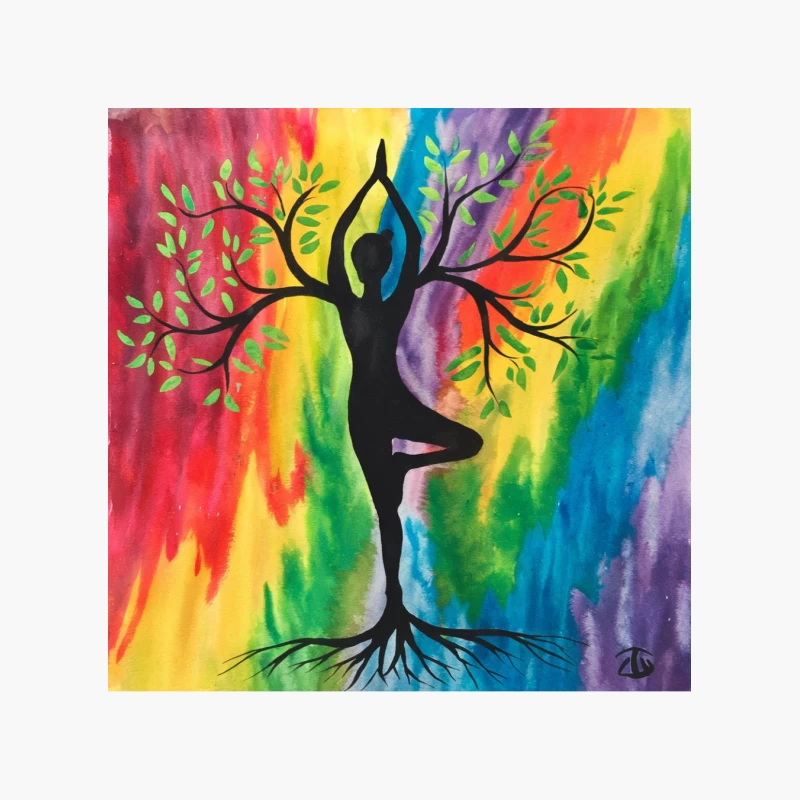 Vibrant Tree Pose: Yoga Silhouette Amidst Rainbow Nature Cotton Tote Bag