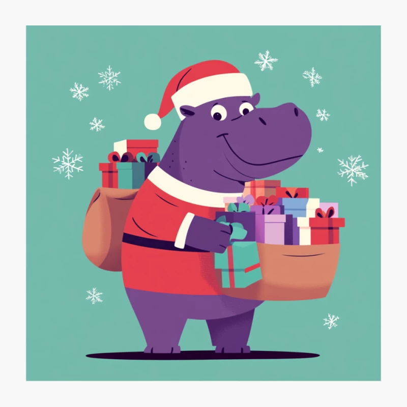 Cartoon Christmas Hippo Delivering Gifts in Santa Outfit Pin