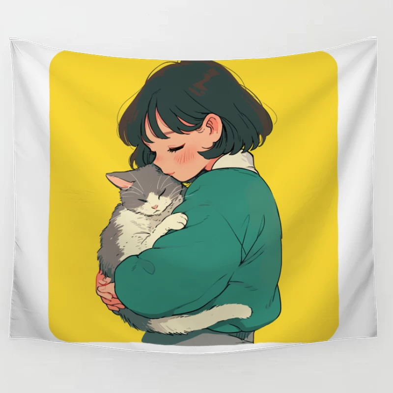 Gentle Embrace: Girl in Green Cuddling Gray Cat Tapestry