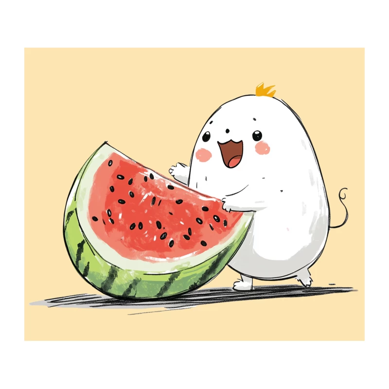 Cute Cartoon Character Enjoying Watermelon in Simple Digital Art Style Tapestry
