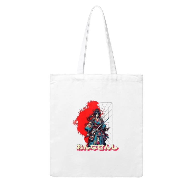 Warrior in Traditional Japanese Kimono with Katana Against Red Sun Cotton Tote Bag