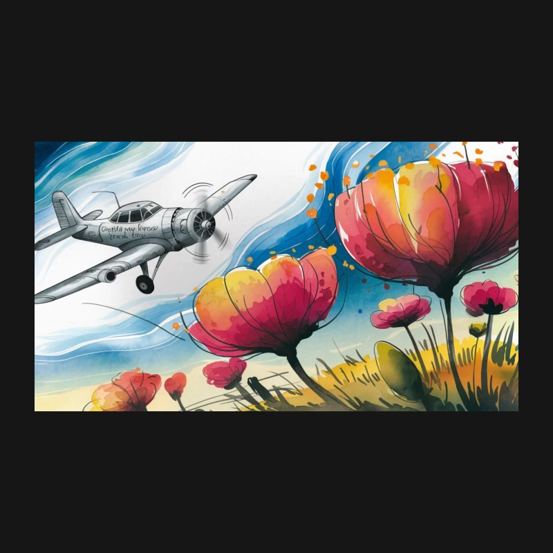 Surreal Illustration: Airplane Soaring Over Vibrant Poppies Desk Mat