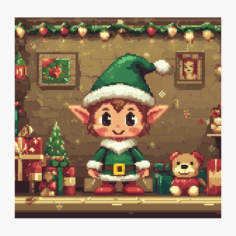 Festive Pixel Art Christmas Elf with Holiday Decorations and Presents Throw Pillow
