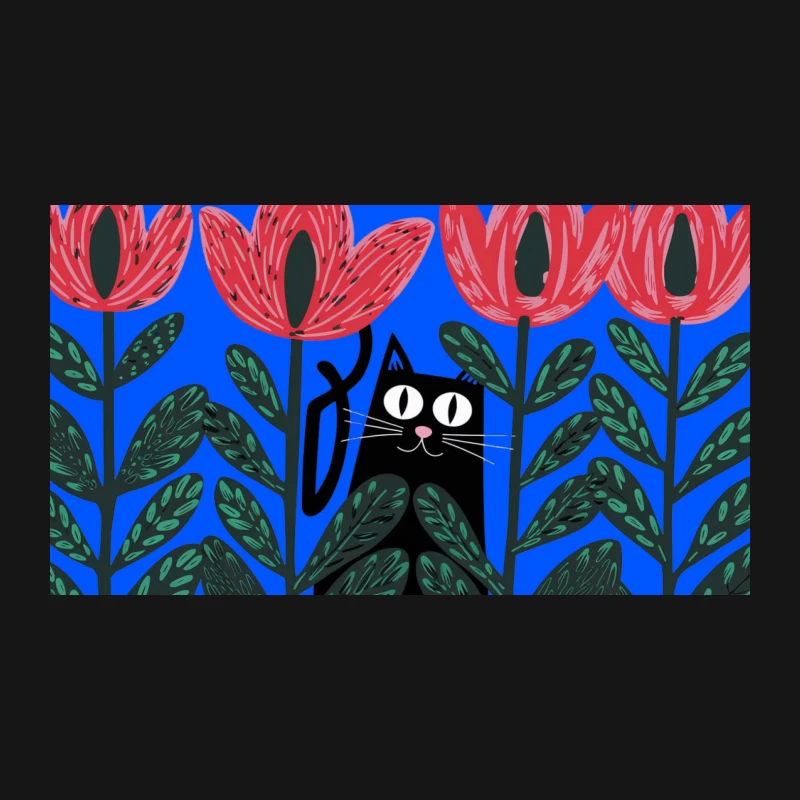 Whimsical Illustration of Cat Hiding Among Tulips Desk Mat