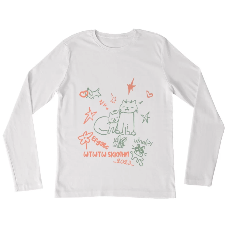 Skizze von Katzen mit Sternen und Herzen Damen Langarm T-Shirt