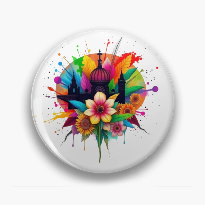 Vibrant Cathedral Silhouette with Rainbow Floral Splash Pin