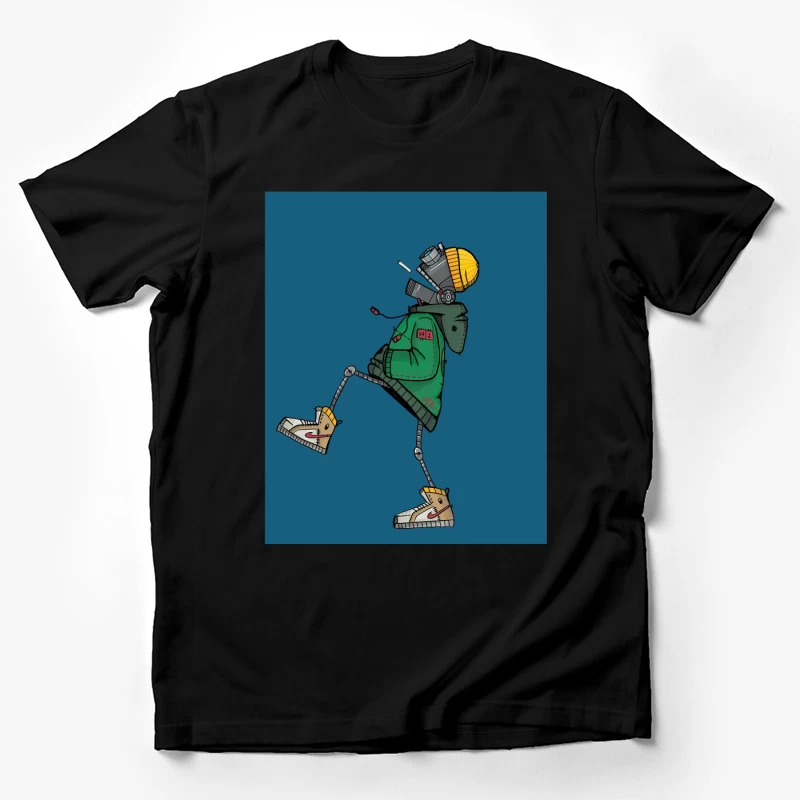 Stylish Robot in Green Jacket and Sneakers Male T-Shirt